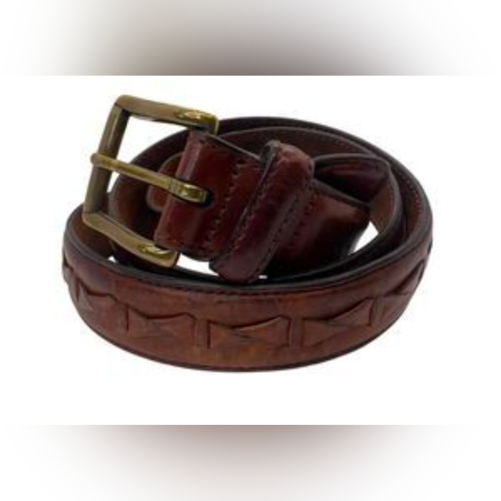 Fossil Men's Brown Woven Leather Belt Brass Basic Classic Western Dress Preowned